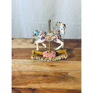 Vintage Rocking Carousel Horse Figurine Small White Pink Floral Rose Victorian